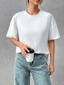 Camiseta holgada de estilo minimalista casual para mujer, con parte delantera corta y parte trasera larga, versátil para usar en la calle, adecuada para primavera y verano - Blanco 3 - Ver 6