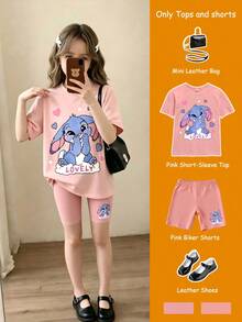 Girls' Summer Casual Set, Pink Short Sleeve T-Shirt With Shy Rabbit Cartoon Print, Paired With Black Shorts With Matching Pattern Accent, Cute And Lively, Suitable For Daily Wear Or Campus Outfit - Pink - View 2