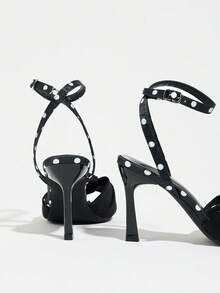 Women's Summer New Pointed Toe Twist Open Toe Thin High Heel Ankle Strap Polka Dot Color Block Criss-Cross Strap Party Wedding High Heel Sandals - Black - View 8