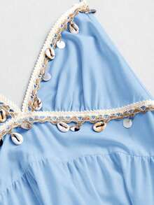 Vestido de mujer con cuello halter, cintura con lazo y bordado para vacaciones - Azul - Ver 4