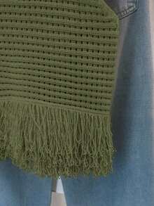Top de punto sin mangas de cuello redondo de unicolor, versátil para el verano - Verde Oliva - Ver 6