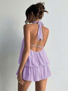 Women's Casual Summer Dress With Halter Neck, Solid Color And Ruffles At The Hem - Khaki - View 8