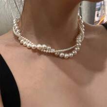 Dây chuyền hạt cườm hai lớp, dây chuyền choker ngọc trai giả dành cho nữ - trắng - Xem 4