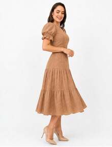 Women's 3-Marias Midi Dress In Elegant Cotton Lace With Belt And Ruffled Hem - Casual Fashion - For Dating Or Weddings - 駝色 - 查看 4