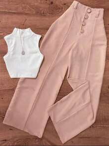 Conjunto de pantalones rectos casuales de color rosa y blusa de cuello alto blanca, adecuado para la oficina y el jardín, elegante para primavera/verano - albaricoque y blanco - Ver 6