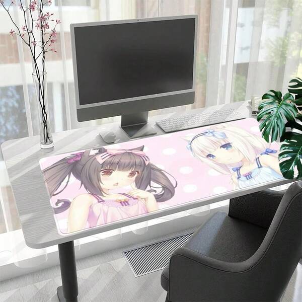 1 Stück Nekopara Mauspad, Chocola & Vanilla Schreibtischunterlage, Katzen-Mädchen Anime Muster, rosa gepunkteter Hintergrund, Kawaii Neko Ästhetik, süße Schleifen-Akzente, rutschfeste Gummibasis, großes erweitertes Format, glatte Gaming-Oberfläche, Otaku Schreibtischzubehör, Nekopara Fan Geschenk
