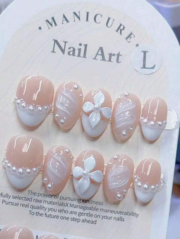 10 Pcs White 3D Carved Nail Patches, Almond-Shaped With Pearl Embellishments, Adorned With Gentle Girly French Nail Art Patterns, Simple And Versatile, Handmade, High-End Quality, Suitable For Girls' Daily Wear, Valentine's Day Gift, Wedding Nail Patches, False Nails, Nail Supplies