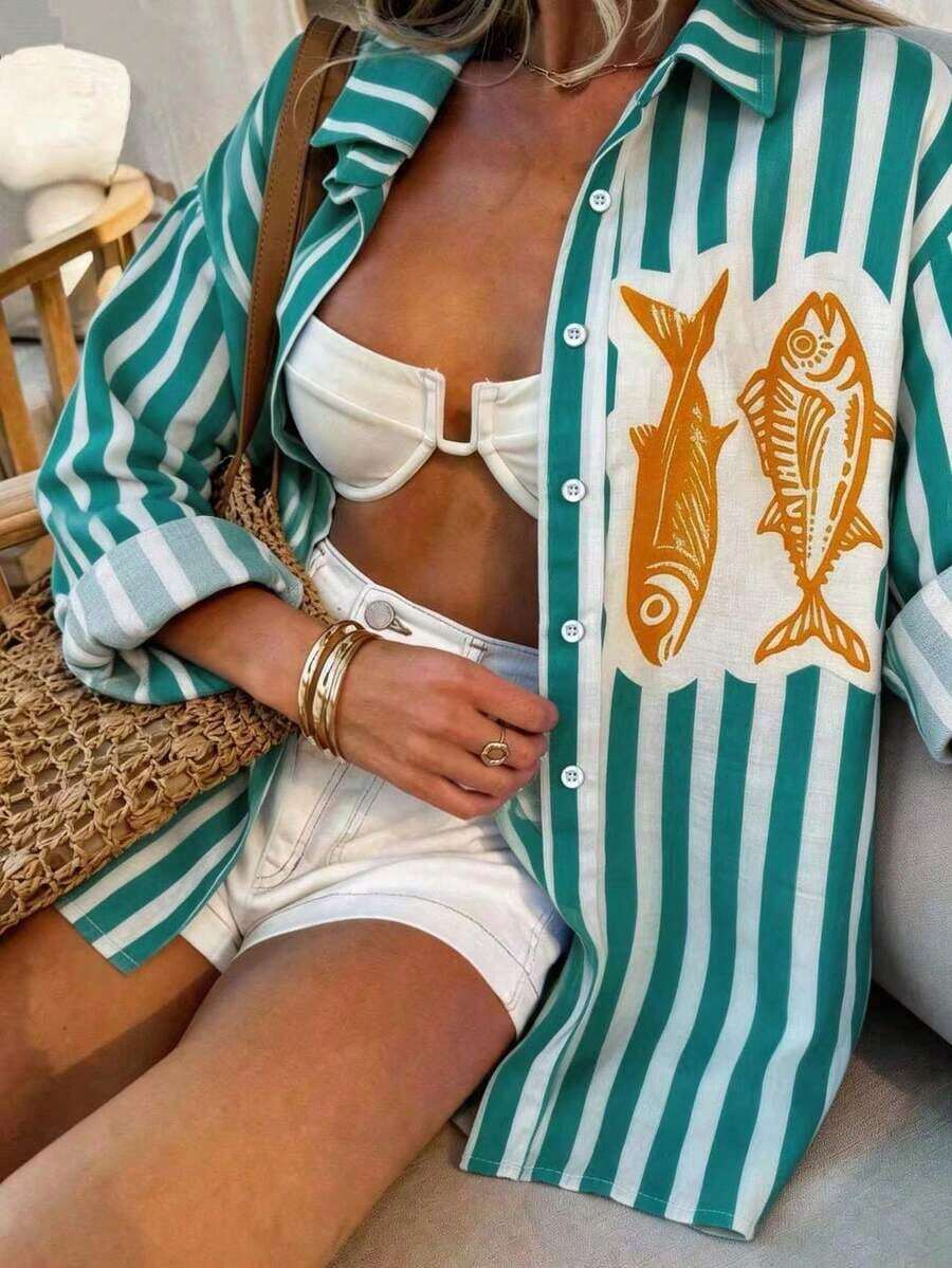 Camisa casual de mujer de un solo pecho con hombros caídos y mangas enrolladas a rayas - Verde - Ver 1