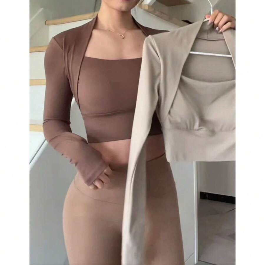 Top deportivo con cojín para el pecho para mujer, camisas de manga larga, ropa corta elegante para baile y Yoga, cintura pequeña para gimnasio - CAFETERÍA - Ver 1