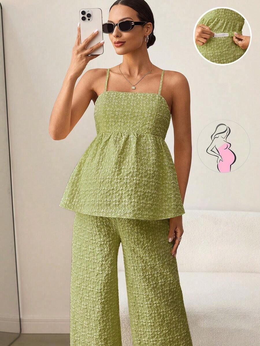 MaterniWear Set de 2 piezas de conjunto informal de camiseta de tirantes y pantalón de pierna ancha con estampado floral para maternidad - verde menta - Ver 1