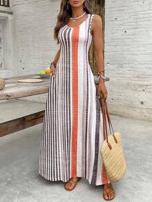Vestido ajustado con bolsillo dividido de estilo de vacaciones de verano para mujer en color naranja - Multicolor - Ver 4