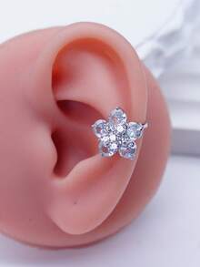 1 pieza Elegante pendiente de oreja con diseño de cinco pétalos y circonita brillante, diseño exclusivo elegante, estilo de alta gama para el día a día - Plateado - Ver 5