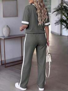 Conjunto de 2 piezas para mujer de primavera/verano, top de manga corta de cuello redondo y contraste de color casual y versátil, y pantalones rectos de cintura alta con cordón - Gris oscuro 85 - Ver 7