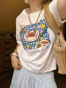 Camiseta de manga corta ajustada con estampado floral casual para mujer, adecuada para el verano, las vacaciones y el transporte diario woman Todo tipo de impresiones, chaqueta, camiseta de cuello redondo, casual, para oficina, para viajar, muy popular, viento deportivo, estampado/patrón, camiseta de algodón 100%, camiseta casual, cómoda, suave, transpirable The latest popular bestseller - Blanco - Ver 1