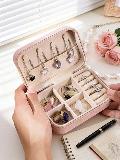 1 pieza Joyero de viaje, nuevo joyero de piel sintética de alta calidad, caja de almacenamiento de joyas de gran capacidad y multifuncional, joyero portátil con cremallera, caja de regalo de joyas para mujeres, caja de almacenamiento de cosméticos, joyero impermeable y a prueba de polvo, accesorio de viaje, almacenamiento y organización de joyas, esencial de viaje, adecuado para guardar anillos, collares, pulseras, lápices labiales, etc., regalo de vacaciones, regalo para mujeres