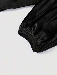 MOD Elegante Camisa Cruzada de Color Sólido con Mangas Tipo Linterna y Lazos para Mujer, Primavera/Verano - Negro - Ver 5