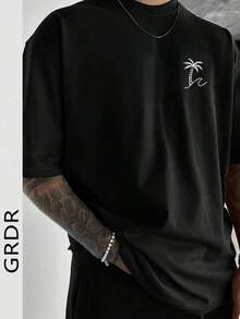 Camiseta de manga corta con cuello redondo y estampado de palmeras de moda para hombre, informal - Blanco - Ver 8