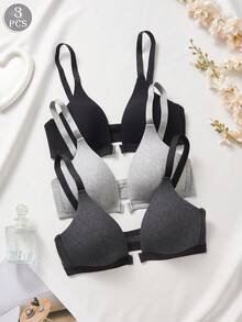 3 piezas Sujetadores de mujer de algodón puro de unicolor, con cuello en V, cómodos, coloridos, casuales, inalámbricos, con copa suave y tirantes ajustables - Multicolor 2 - Ver 2