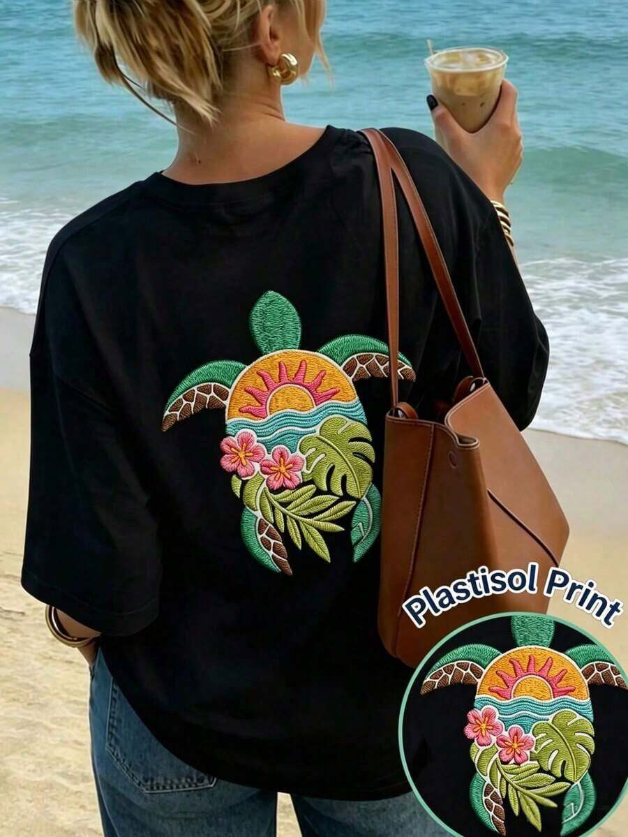 New Summer Arrival, Casual Short Sleeve T-Shirt With Round Neck And Embroidered Sea Turtle Print, Versatile And Elegant Blouse For Women, White - 黑色 - 查看 1