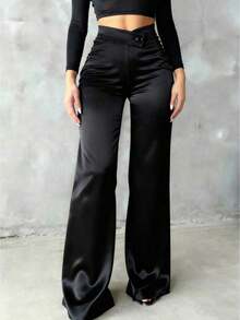 Pantalones rectos de satén de cintura alta para mujer, aptos para uso diario, oficina, traslados, hogar, citas, pequeñas fiestas y eventos sociales ligeros.Color: Negro.Temporada: Primavera - Negro - Ver 6
