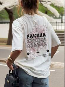 Camiseta de manga corta con cuello redondo, estampado de letra de Sakura romántico minimalista de verano, blanca, versátil y de moda para mujer camisetas de mujer algodón - Estilo - Ver 2