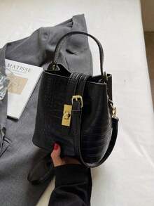 Q1SP Nueva bolsa de cubo con cordón de mujer de unicolor con textura tejida, bolso de mano y de hombro de moda - Punto de acceso negro y 3528 - Ver 14