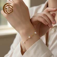 Vòng tay bạc 925 mạ vàng 18k đính ngọc trai nước ngọt, có thể điều chỉnh kích cỡ, thích hợp làm quà tặng đám cưới và Ngày của Mẹ. - Vàng - Xem 4
