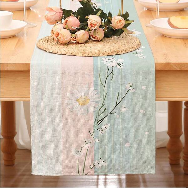 1pc Macaron Striped Daisy Table Runner, Fresh Style Tablecloth, Girly Atmosphere, Large Size Rectangular Tablecloth, Home Decor Goods, Suitable For Family Gatherings/Indoor & Outdoor Decor/Foyer/Coffee Table/Living Room Ambiance/Kitchen Dining/Holiday Natural Gift