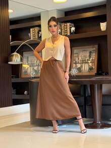 Women's Elegant Casual Satin Midi Skirt - 摩卡棕 - 查看 1