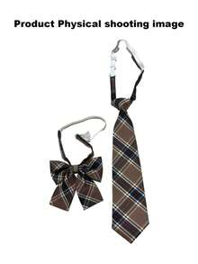 Conjunto casual de 2 piezas a cuadros con lazo para mujer, a cuadros en color camello, adecuado para la escuela, el uso diario y las citas, corbata de mujer a rayas y a cuadros, estilo JK, estilo Y2K, decoración estudiantil, corbata a cuadros gótica para mujer, corbata con lazo de estilo académico lindo, accesorio para blusas y camisas de mujer - Cuadros de camello - Ver 4