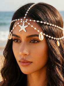 1 chiếc dây chuyền ngọc trai giả kiểu Bohemian, mặt dây chuyền hình sao biển, phụ kiện tóc phong cách thường ngày đi biển, nghỉ dưỡng. - Nhiều màu - Xem 3