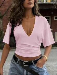Y2K Sexy Casual Top With Pleated Waist And V-Neck, Fitted, Ideal For Daily Wear, Commuting, Dates And Summer Parties - 粉色 - 查看 2