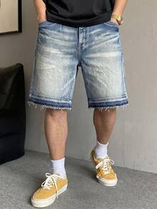 宽松破洞阔腿牛仔短裤，Y2K 宽松中长牛仔短裤，休闲街头风宽松百搭牛仔短裤，棉质斜插口袋牛仔短裤，夏季牛仔裤 - 藍色 - 查看 2