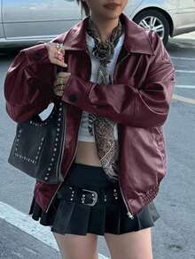 Chaqueta informal, suelta y de manga larga para mujer, estilo motorista edgy, para otoño/invierno - Burdeos - Ver 3