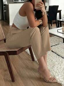 Pantalones elegantes de oficina con bolsillos laterales plisados y ajuste ceñido para mujer, de uso casual en primavera - Caqui 2 - Ver 3