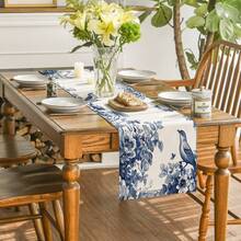 1pc Blue & White Porcelain Floral & Bird Pattern Elegant Retro Style Large Rectangular Table Runner, Home Decor Accessory Suitable For Family Gatherings, Indoor/Outdoor Spaces, Entryway, Coffee Table, Living Room Ambiance, Kitchen Dining, Holiday & Nature-Inspired Gifts - Multicolor - View 2