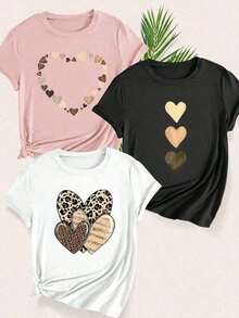 T-Shirts. Single Garment, Not A 3-Piece Set. 1 Piece/Set Of Short-Sleeved T-Shirts Suitable For Streetwear, Daily Outings, Camping, Concerts, Hip-Hop, Rock, And Rap Events. Short-Sleeved, Round Neck, Heart Print, Gradient, Triple Hearts, Animal Print. Women's. - 黑色 - 查看 6