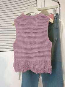 Top de punto sin mangas de cuello redondo de unicolor, versátil para el verano - Rosa vieja - Ver 3