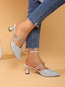 Versatile Spring/Summer High Heel Pointed Toe Mule Sandals, Fashionable Slip-On Design - Silver - View 4