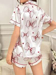 Beige & Red Bow Print Satin 2pcs Pajama Set, Women Lapel Sleepwear - White - View 2