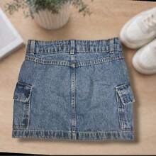 Graphite Cargo Denim Skirt With Side Pockets - Teal Blue - View 3