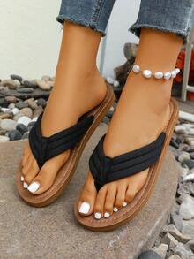 Nouvelles tongs à la mode, sandales minimalistes confortables pour femmes, sandales de plage décontractées antidérapantes à bout ouvert, sandales de plage minimalistes décontractées, chaussures d'été polyvalentes pour femmes en couleur unie, élégantes sandales pour femmes, chaussures confortables pour femmes - Noir - Voir 2