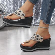 Sandal Wanita Model Wedges Hak Tebal dengan Sol Tebal, Dekorasi Mutiara & Rhinestone, Sandal Selop Motif Bunga, Gaya Kasual Minimalis untuk Perjalanan Musim Semi/Panas - Semuanya hitam - View 2