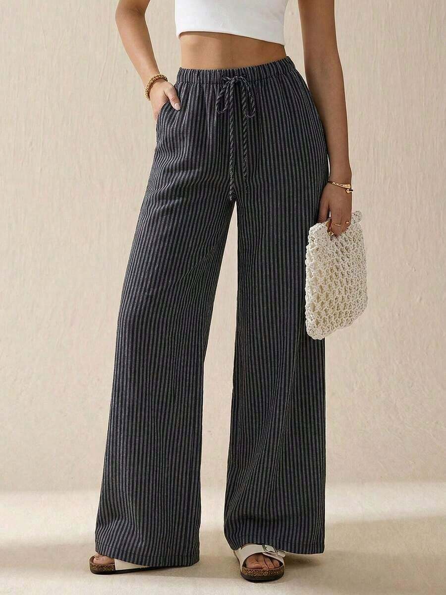 Tall Pantalones largos de mujer casuales de uso diario con estampado a rayas y estampados para primavera/verano - Negro - Ver 1