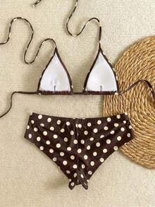 Nuevo conjunto de bikini con estampado de lunares sexy, espalda descubierta y lazo, con tirantes de espagueti para playa y piscina en vacaciones - Marrón - Ver 3