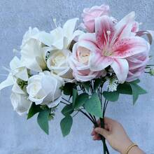 Ramo de colores de primavera: rosas y lirios mixtos de 9 varillas con rosas - Flores de corte fresco para decoración del hogar, boda, aniversario, regalo-G JDI2 - Naranja - Ver 1