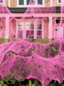 1set-20/60/80/100g,Pink Halloween Spider Webs Decorations With Fake Spiders, Super Stretchy Cobwebs For Halloween Decor Indoor And Outdoor,Super Stretchy Cobwebs - Pink - View 1