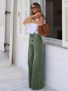 Jeans rectos holgados y casuales para mujer con bolsillos, pantalones vaqueros lavados simples, adecuados para el verano y también un artículo imprescindible para el otoño y la primavera - Verde militar - Ver 3
