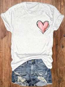 Women's T-Shirt With Christian Inspirational Graphic Print - "Look Back And See How Far You've Come" - Short Sleeve Crew Neck T-Shirt With Cross And Heart Design, Medium Elasticity Casual T-Shirt For Summer And Spring, Machine Washable, Cute T-Shirts, Casual Wear, Floral Detail T-Shirt, Non-See-Through Material, Medium Elasticity Fabric, Breathable And Comfortable. - 白色 - 查看 2