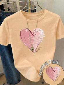 Free Shipping, Local Delivery In Mexico, Delivery In 4 Days. Women's Casual Short-Sleeved T-Shirt With A Round Neck And Pink Heart Print. - 杏 - 查看 3